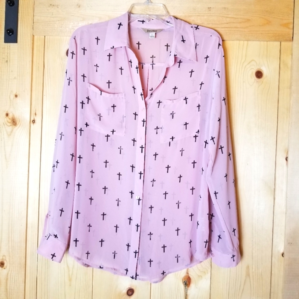 Decree Sheer Button Up Cross Art Design Blouse Shirt